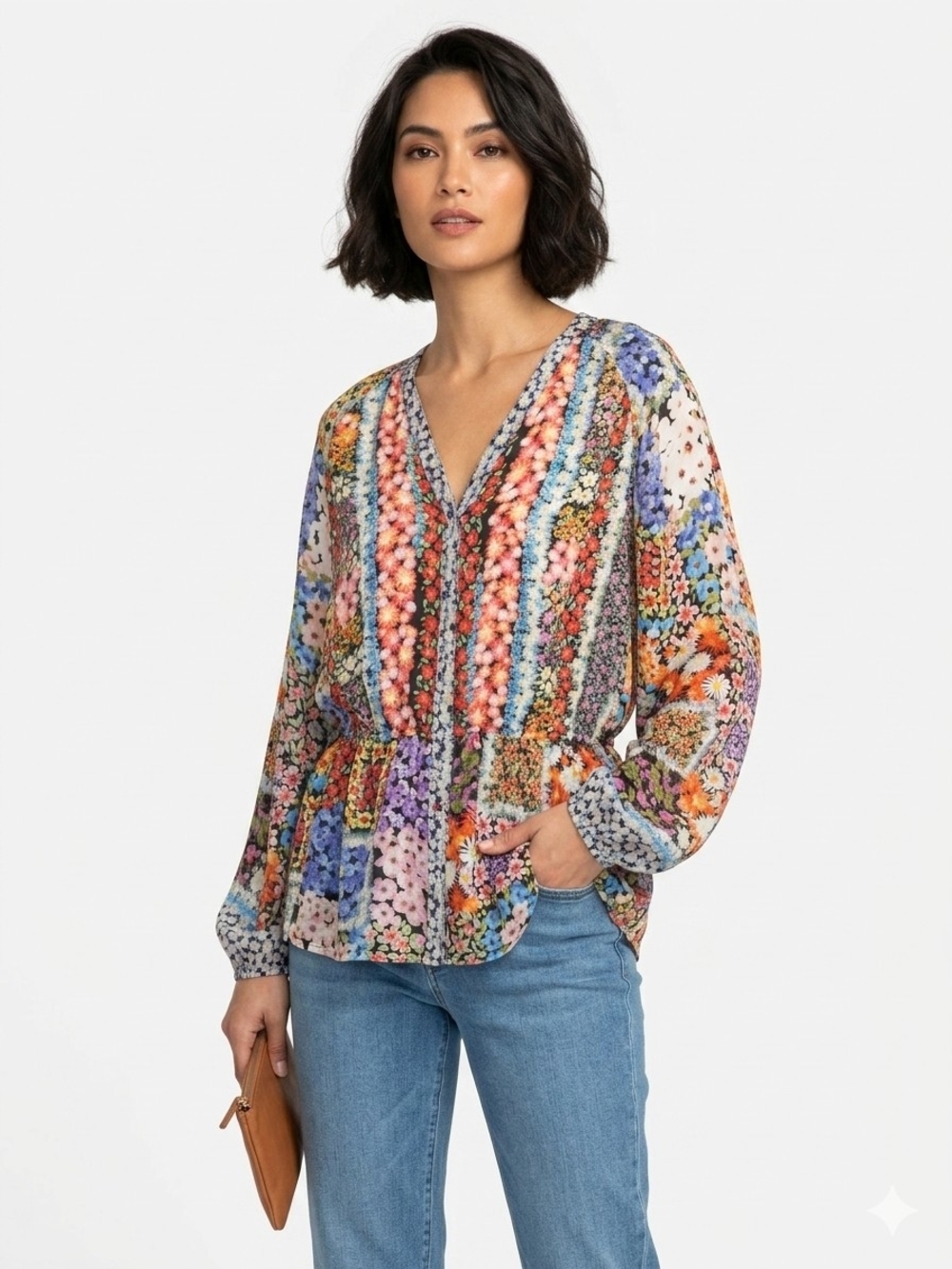 JOHNNY WAS Silk Cupra Floral Patchwork Peplum Blouse Top L Boho Mixed Print $275
